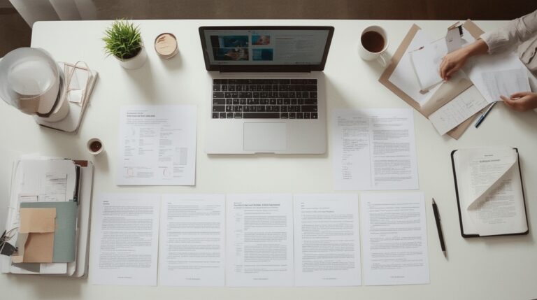 Redaktioneller Arbeitsplatz mit Laptop, Notizen und Dokumenten für einen KI-Workflow vom Material zum fertigen Artikel