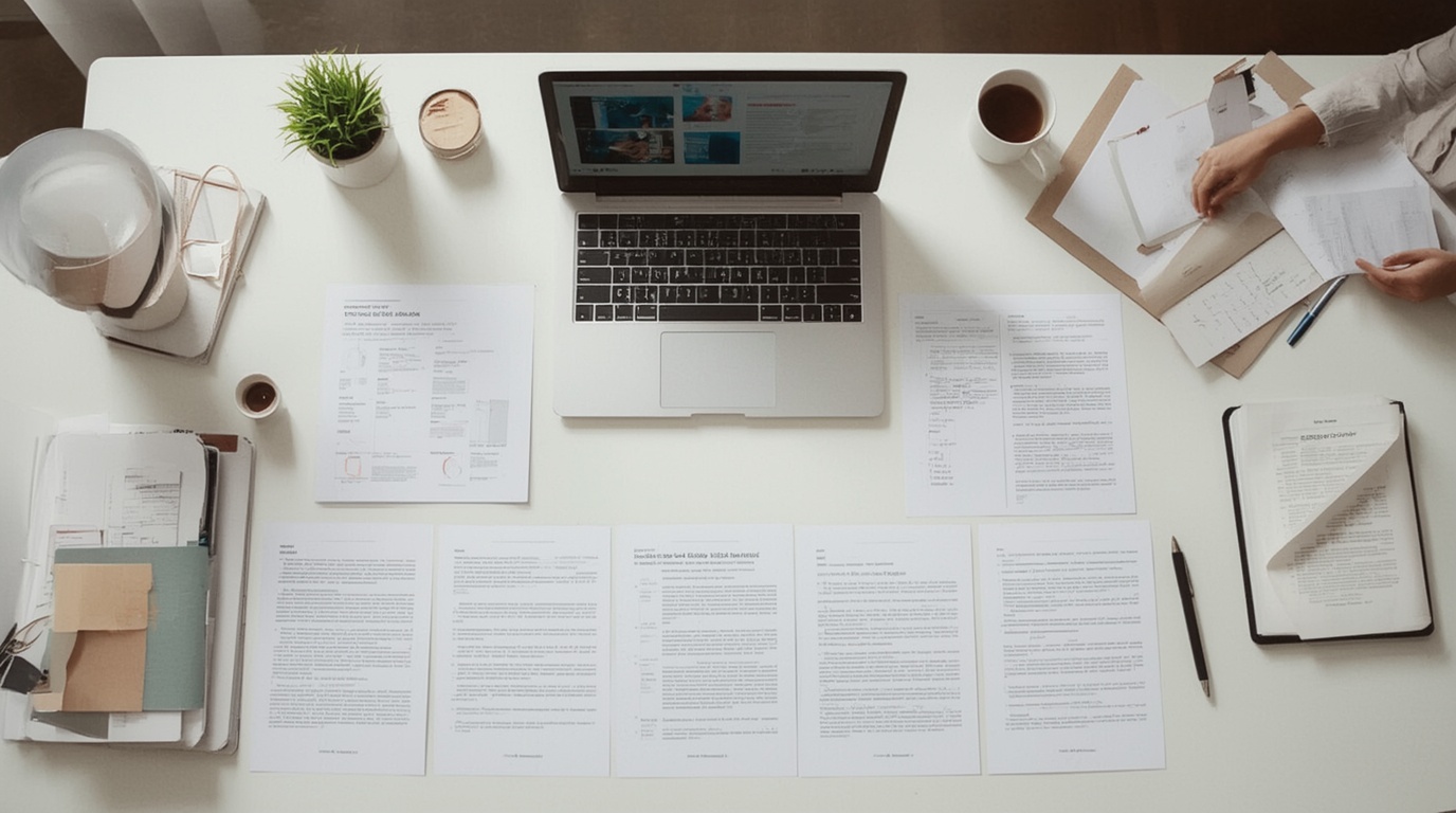 Redaktioneller Arbeitsplatz mit Laptop, Notizen und Dokumenten für einen KI-Workflow vom Material zum fertigen Artikel