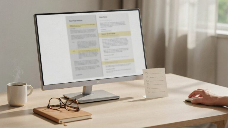 Arbeitsplatz zur Qualitätskontrolle mit Monitor, Prüfliste und unscharfem Artikelentwurf