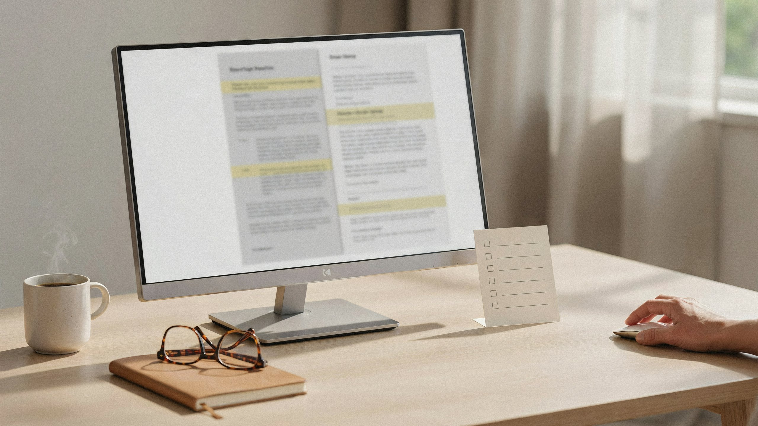 Arbeitsplatz zur Qualitätskontrolle mit Monitor, Prüfliste und unscharfem Artikelentwurf