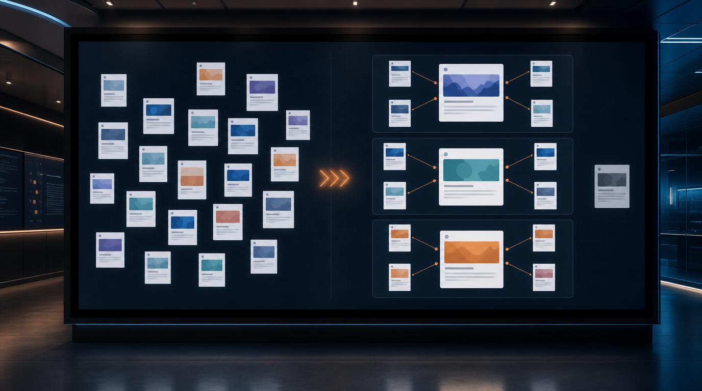 Digitale Content-Planung mit einzelnen Artikelideen links und drei strukturierten Content-Clustern rechts