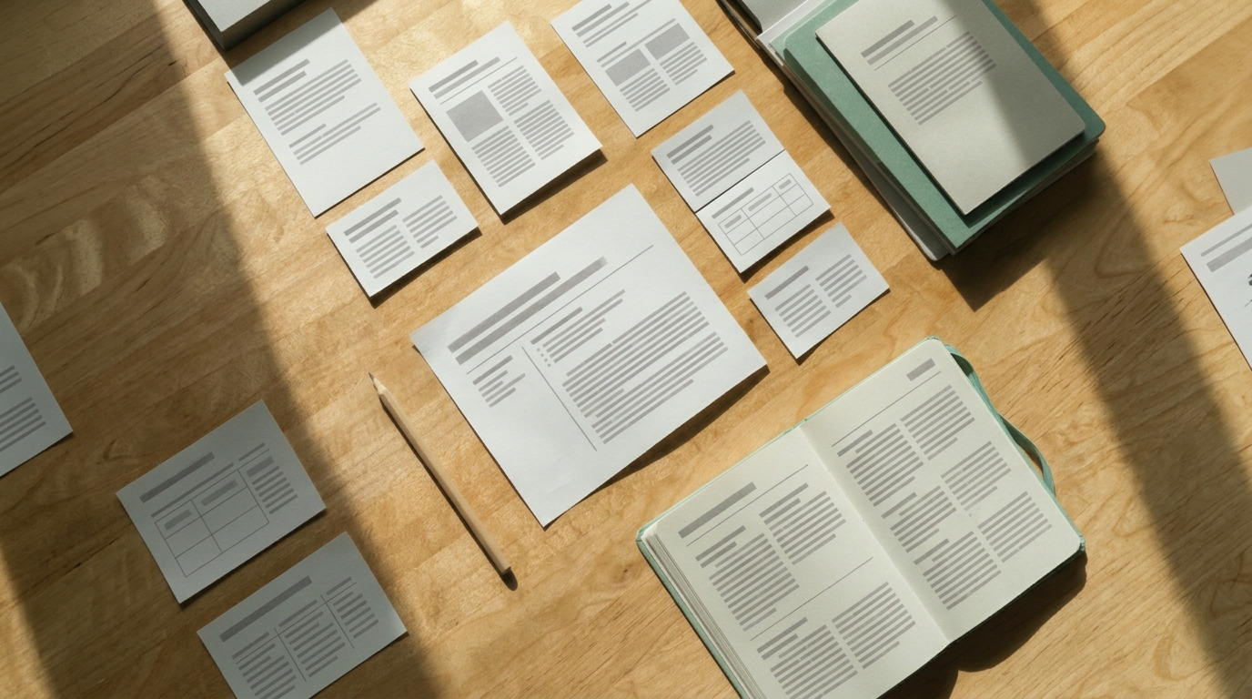 Redaktioneller Arbeitsplatz mit mehreren Inhaltskarten und einem zentralen Arbeitsblatt zur Eingrenzung einer Leserfrage
