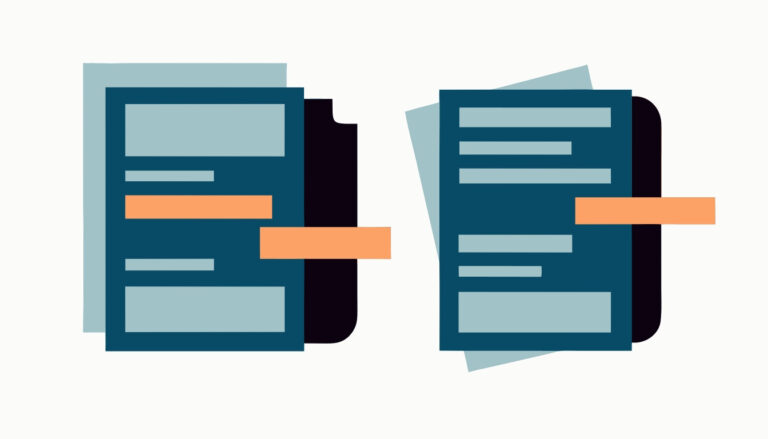 Abstrakte Vergleichsgrafik mit zwei Dokumenten und orange markierten Bereichen zur Prüfung von Aussagen und Quellen
