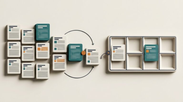 3D-Grafik mit vielen Artikelideen links, einer Auswahl in der Mitte und einem teilweise belegten Redaktionsplan rechts