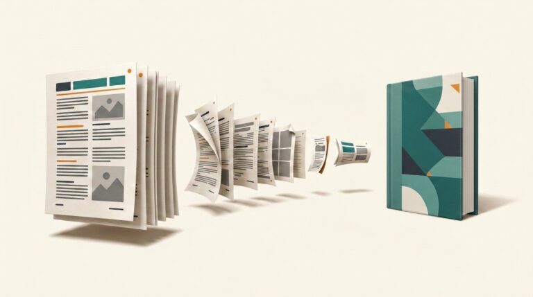 3D-Illustration eines umfangreichen Artikels, dessen Inhalte schrittweise zu einem einzelnen digitalen Asset in Buchform verdichtet werden